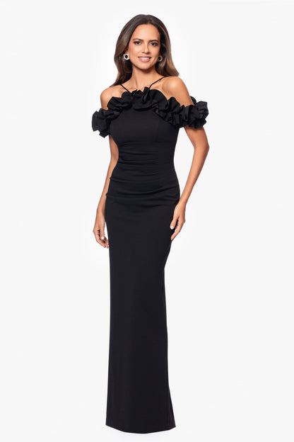 Petite "Tyla" Scuba Crepe Ruffle Top Dress Black XSCAPE