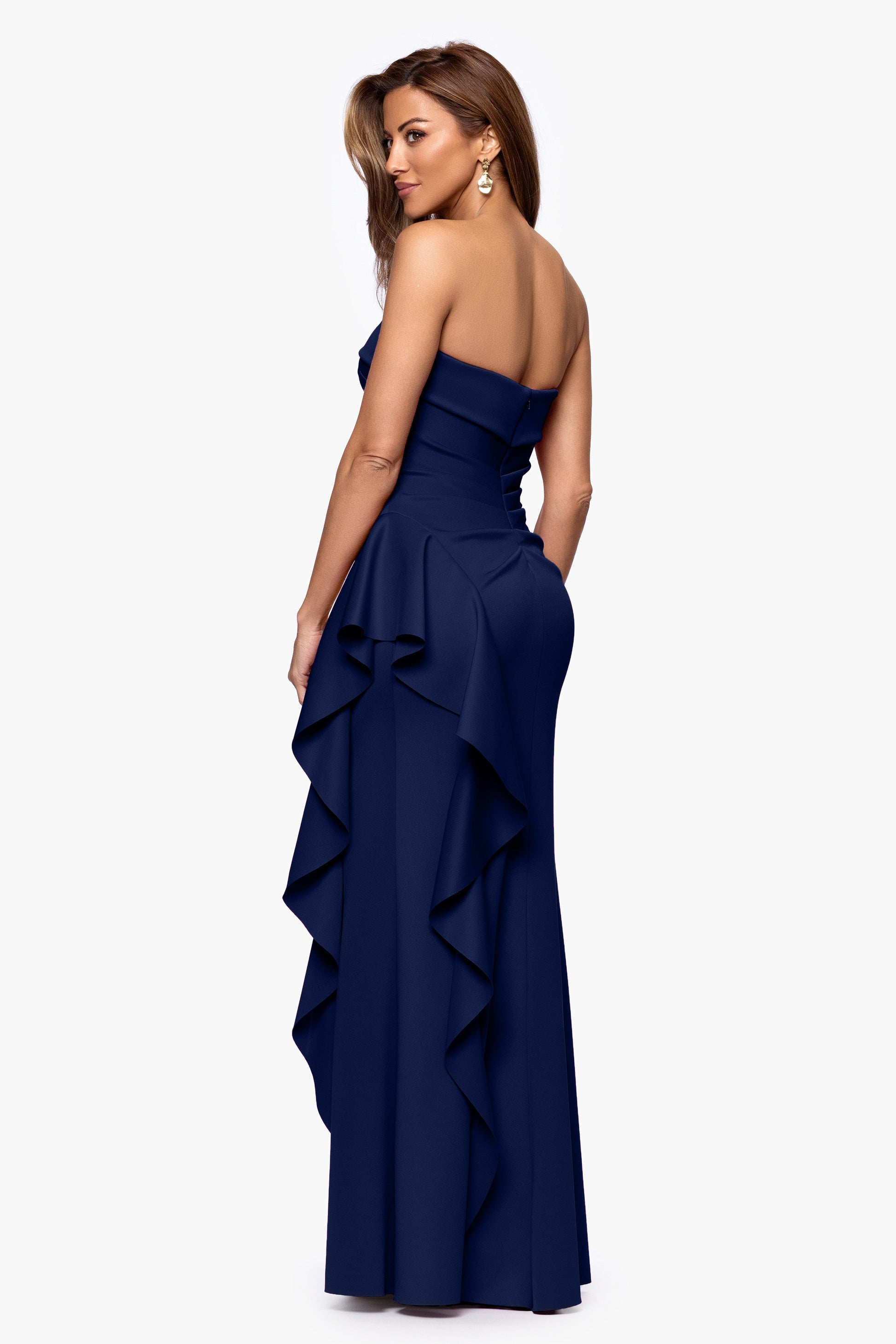 Petite "Jacqueline" Techno Scuba Strapless Ruffle Dress Midnight XSCAPE