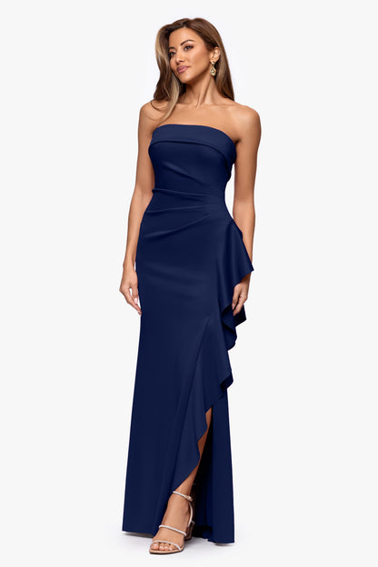 Petite "Jacqueline" Techno Scuba Strapless Ruffle Dress Midnight XSCAPE