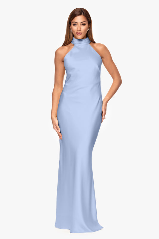 "Ruth" Satin High Tie Neck Backless Dress Light Blue XSCAPE