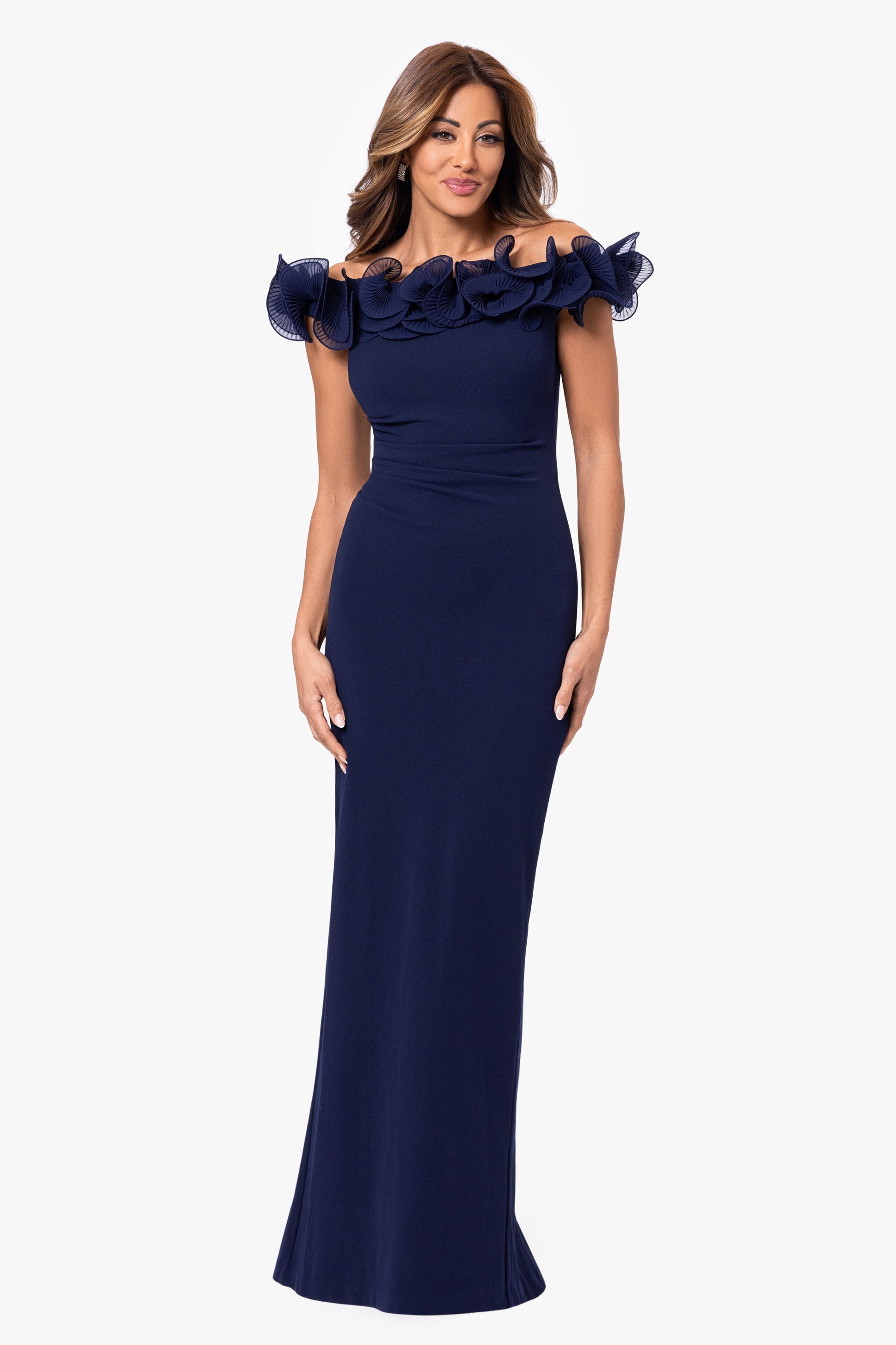 "Jessica" Scuba Crepe Ruffle Wire Neck Dress Navy XSCAPE