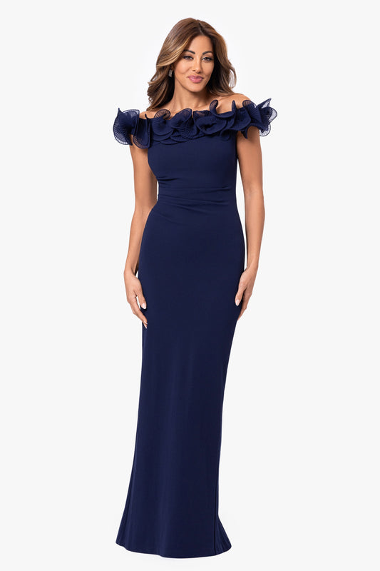 "Jessica" Scuba Crepe Ruffle Wire Neck Dress Navy XSCAPE