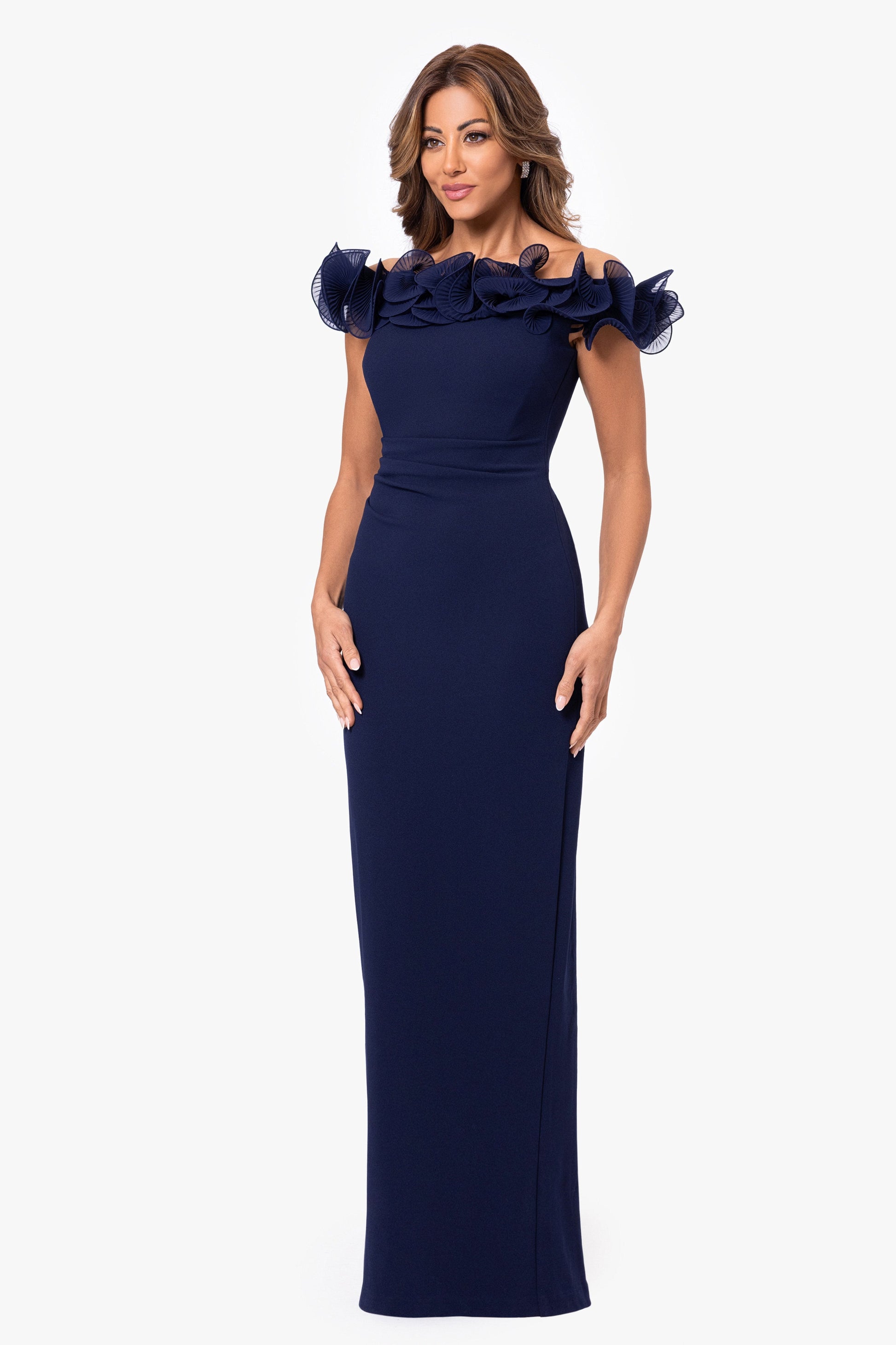 "Jessica" Scuba Crepe Ruffle Wire Neck Dress Navy XSCAPE