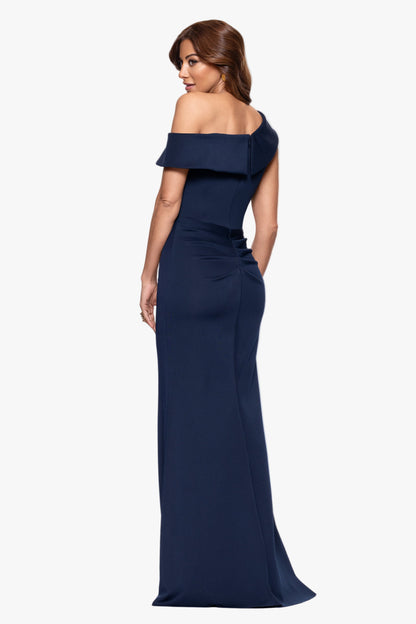 Petite "Valerie" Techno Scuba Off the Shoulder Ruffle Dress Midnight XSCAPE