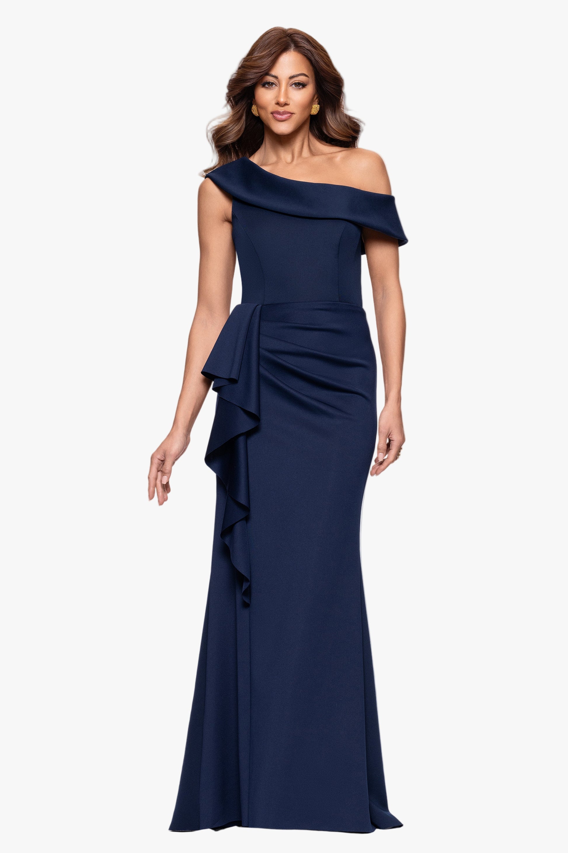 Petite "Valerie" Techno Scuba Off the Shoulder Ruffle Dress Midnight XSCAPE