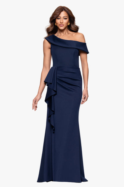 Petite "Valerie" Techno Scuba Off the Shoulder Ruffle Dress Midnight XSCAPE