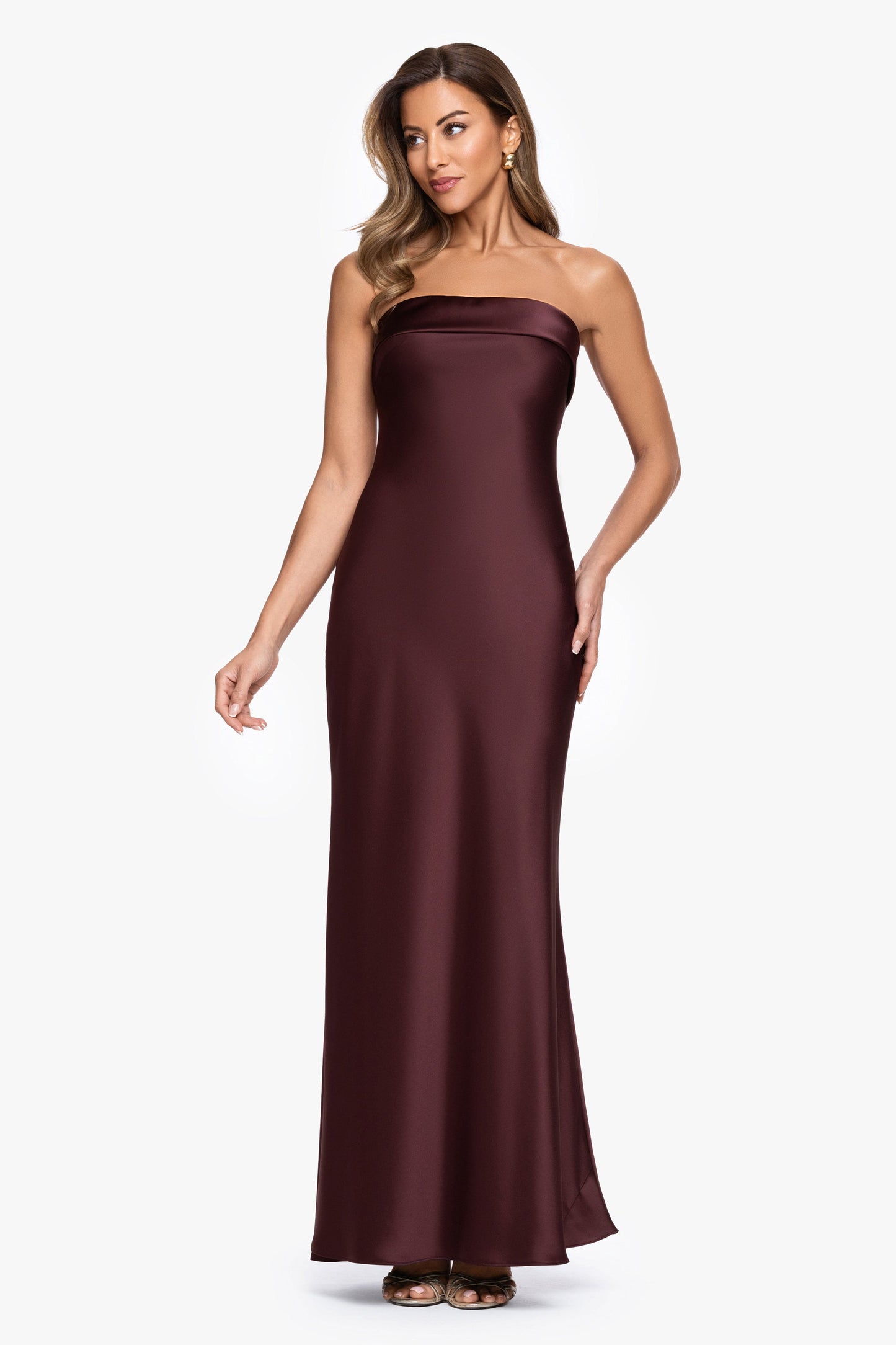 "Reese" Satin Long Strapless Gown Chocolate XSCAPE