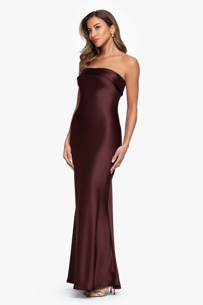 "Reese" Satin Long Strapless Gown Chocolate XSCAPE