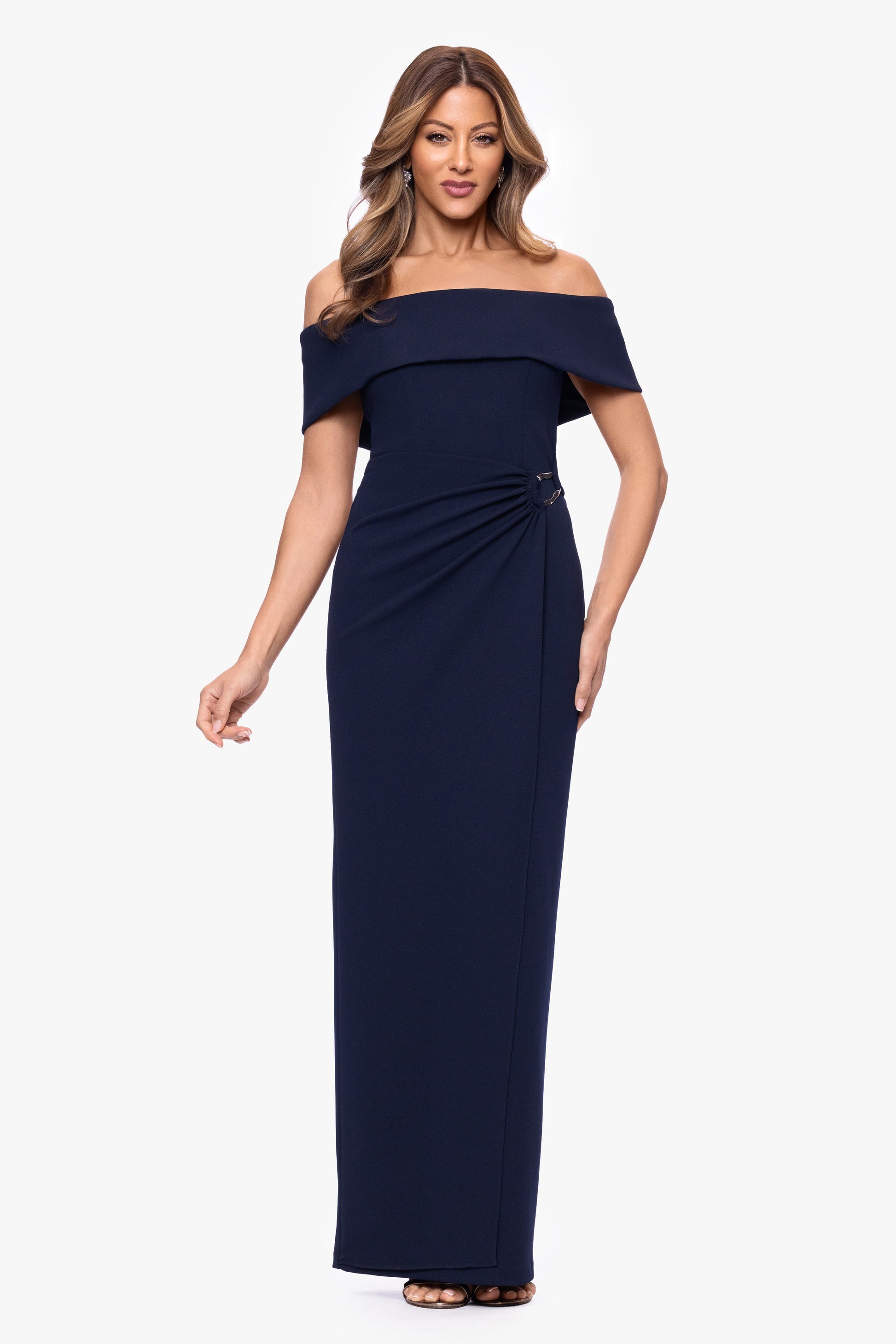 "Devon" Scuba Crepe Off The Shoulder Gold Detail Waist Dress Navy XSCAPE