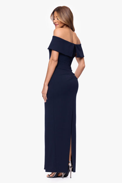 "Devon" Scuba Crepe Off The Shoulder Gold Detail Waist Dress Navy XSCAPE