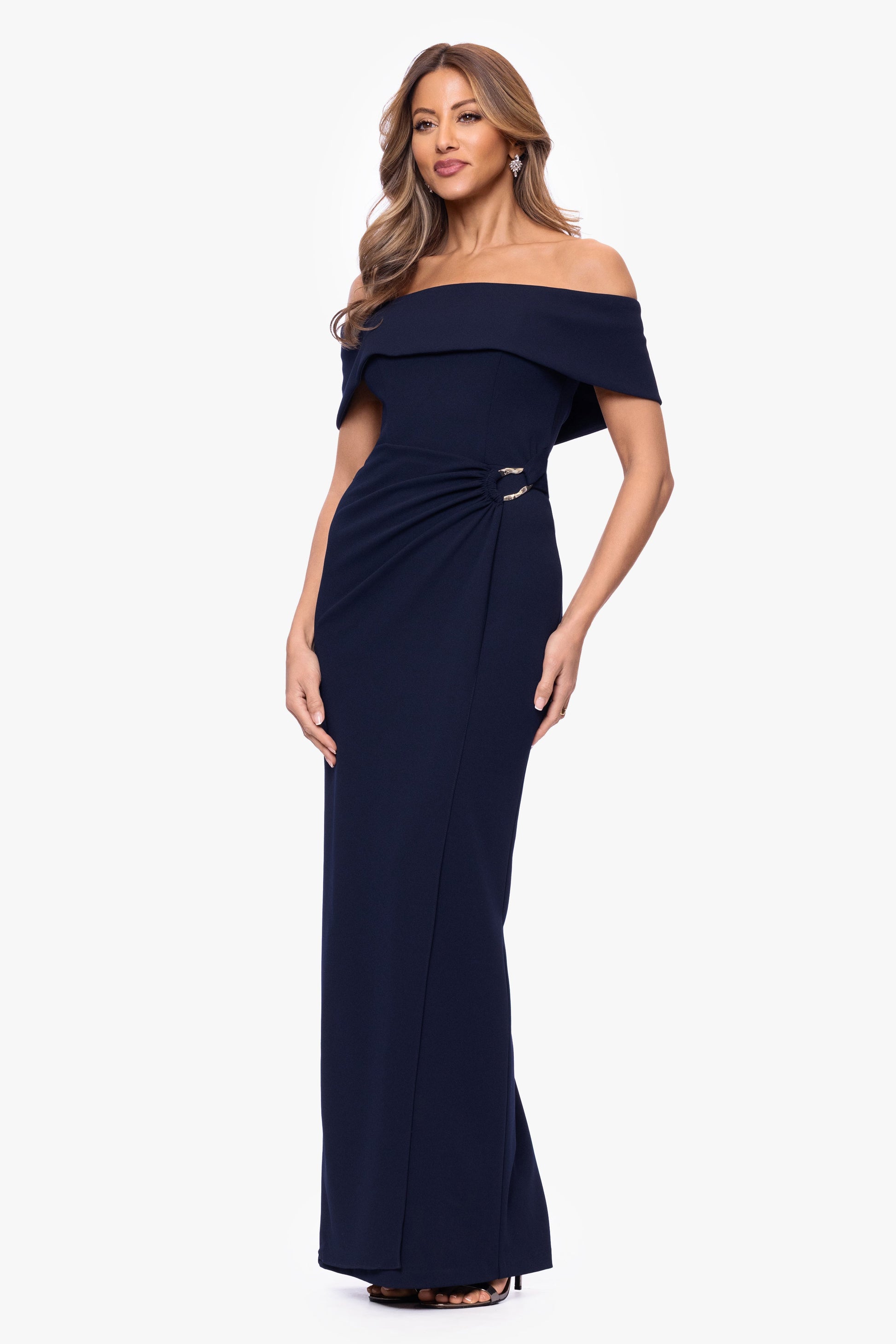 "Devon" Scuba Crepe Off The Shoulder Gold Detail Waist Dress Navy XSCAPE
