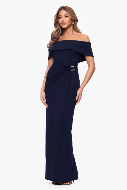 "Devon" Scuba Crepe Off The Shoulder Gold Detail Waist Dress Navy XSCAPE