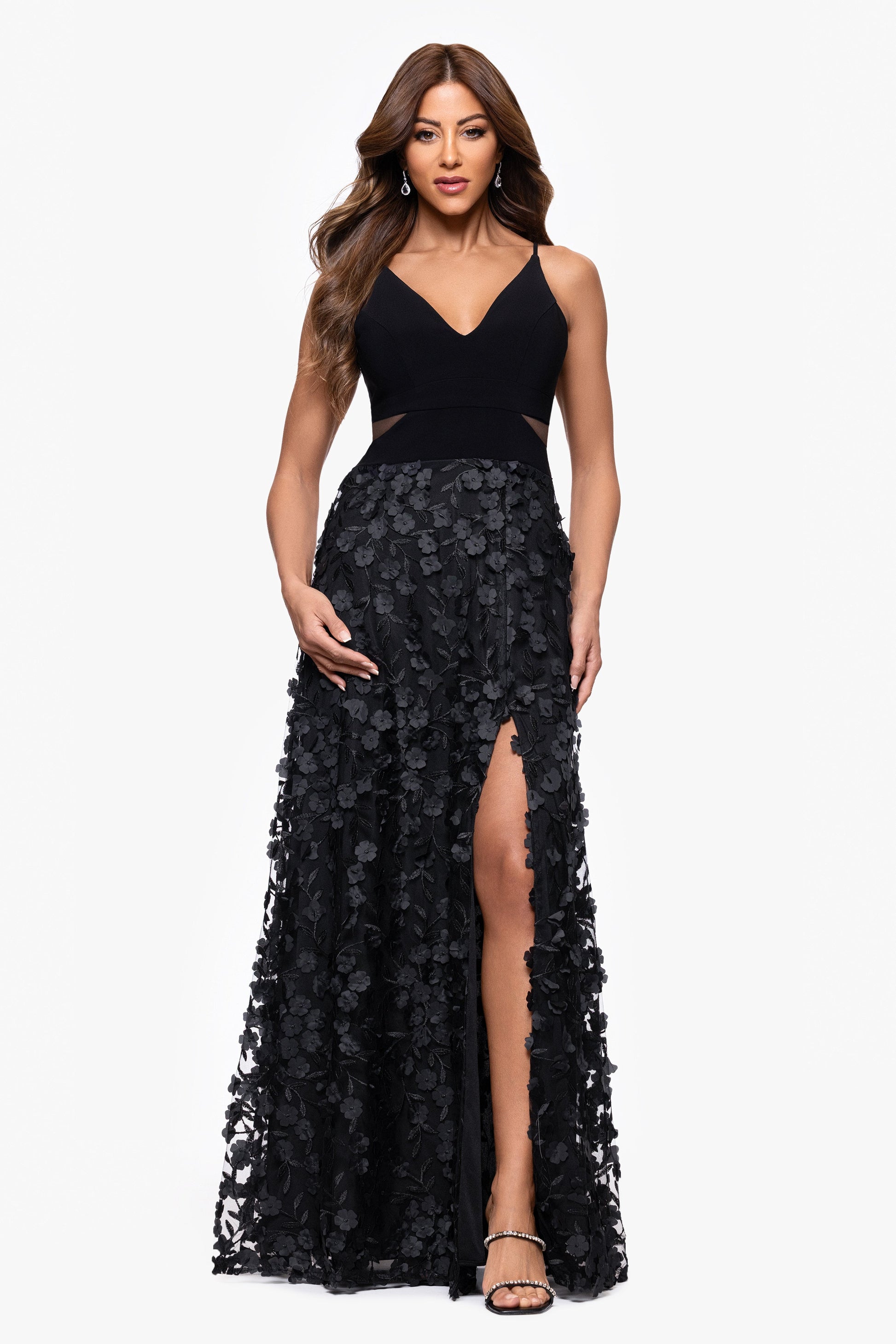 "Iris" Jersey Knit V-Neck Raised Flower Dress Black XSCAPE