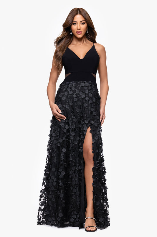 "Iris" Jersey Knit V-Neck Raised Flower Dress Black XSCAPE