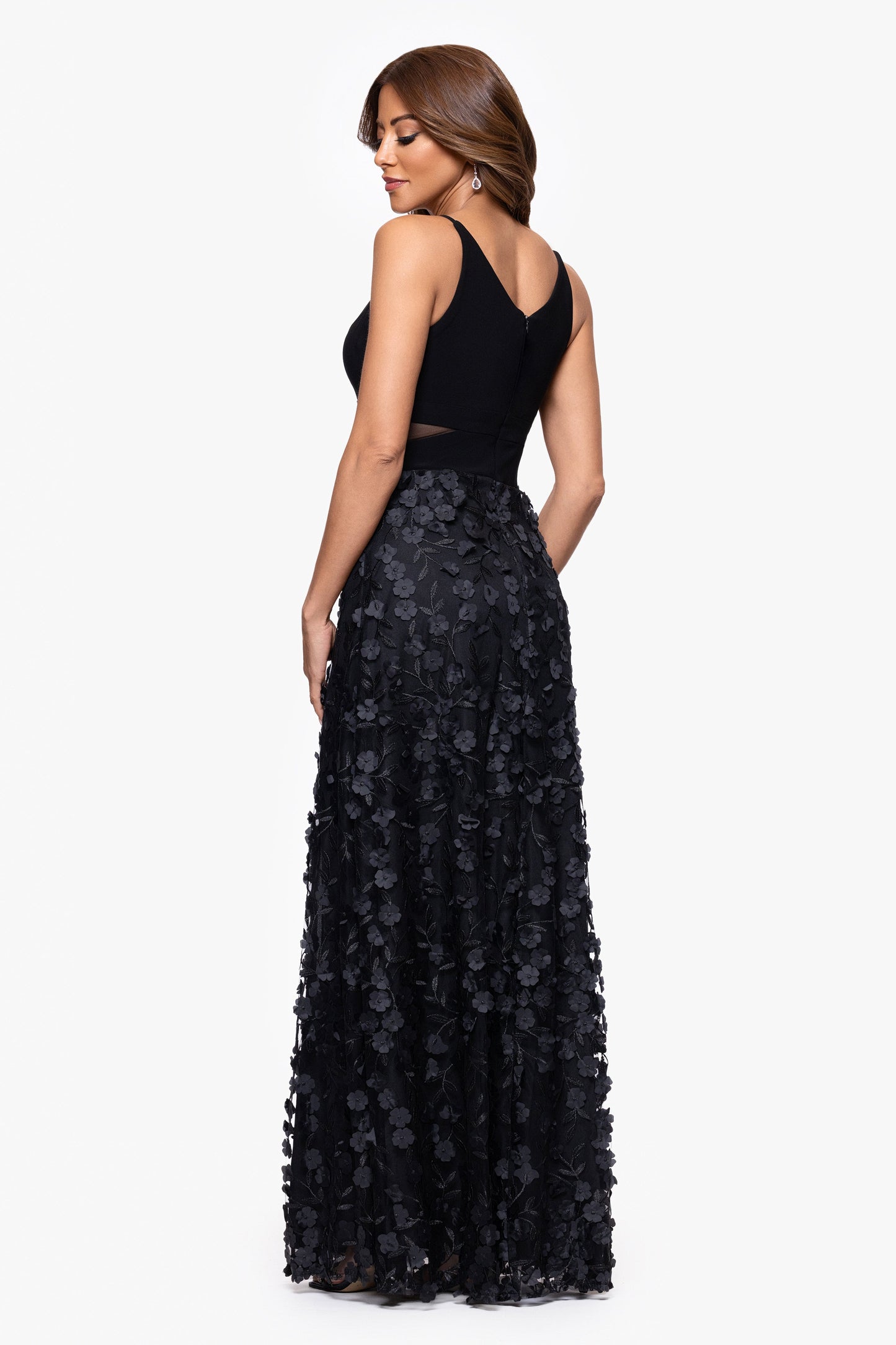 "Iris" Jersey Knit V-Neck Raised Flower Dress Black XSCAPE