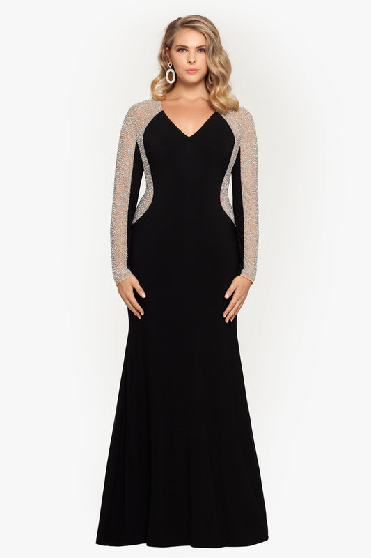 Plus "Wren" Jersey Knit Long Sleeve Crystal Beaded Dress Black/Nude/Silver XSCAPE