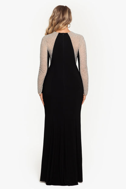 Plus "Wren" Jersey Knit Long Sleeve Crystal Beaded Dress Black/Nude/Silver XSCAPE