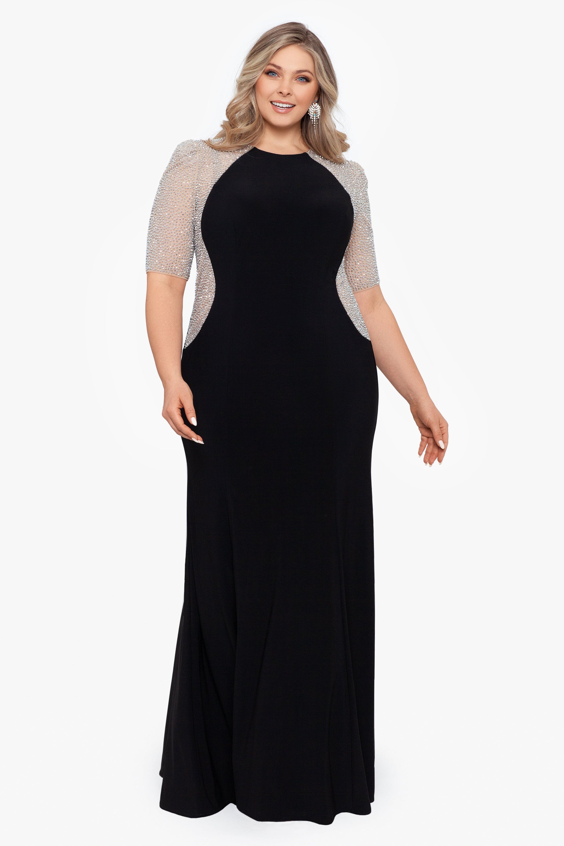 Plus "Elise" Quarter Sleeve Jersey Knit Dress Black/Nude/Silver XSCAPE