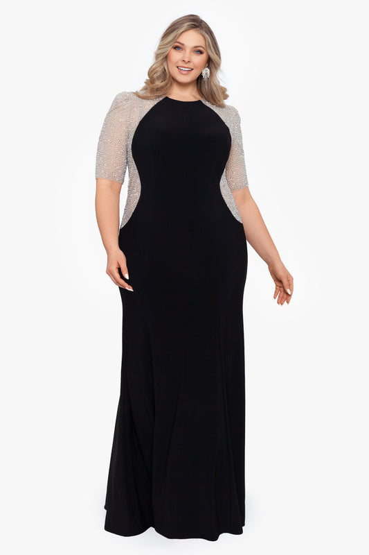 Plus "Elise" Quarter Sleeve Jersey Knit Dress Black/Nude/Silver XSCAPE