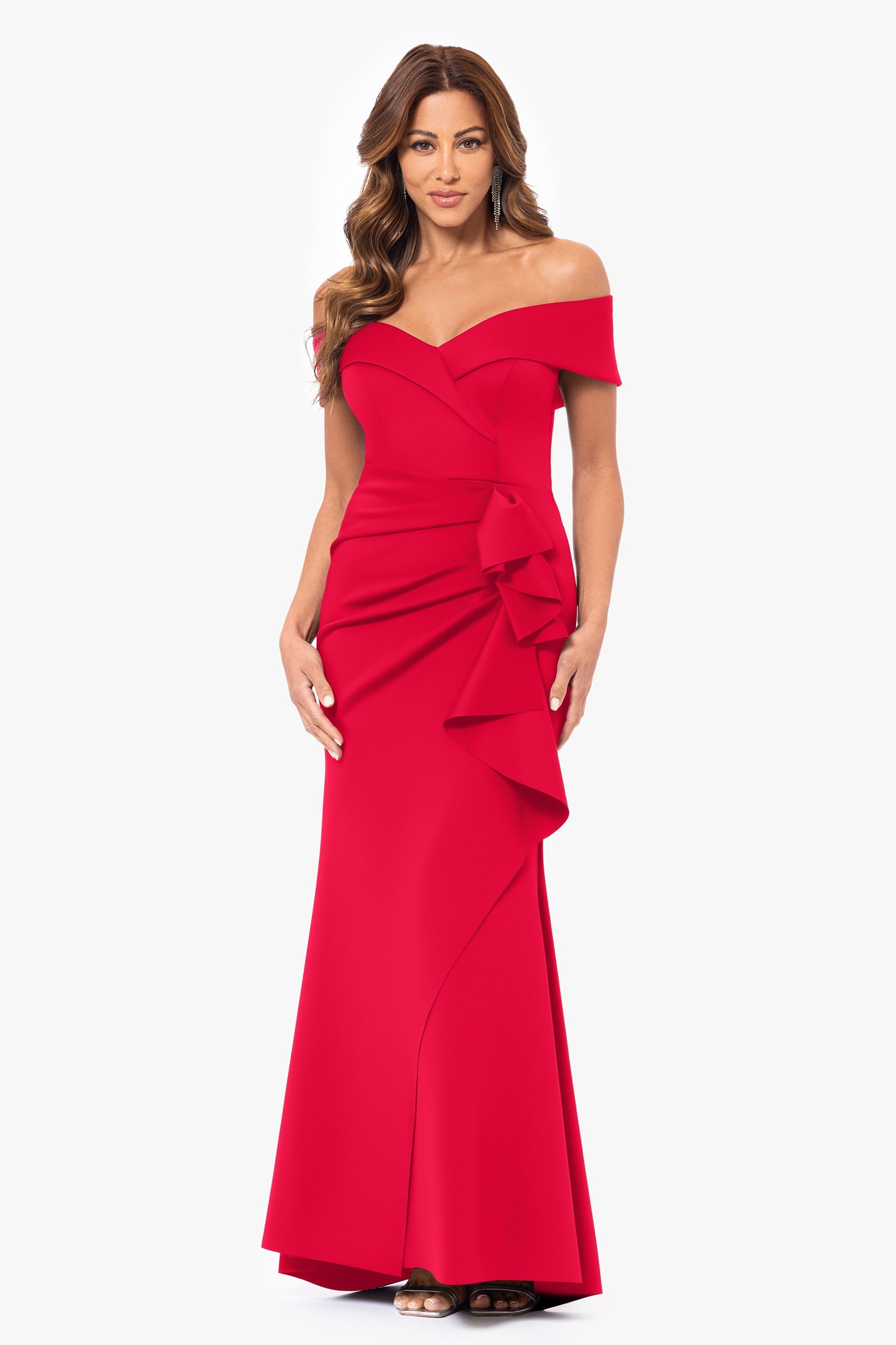 "Patti" Techno Scuba Off The Shoulder Dress Red XSCAPE