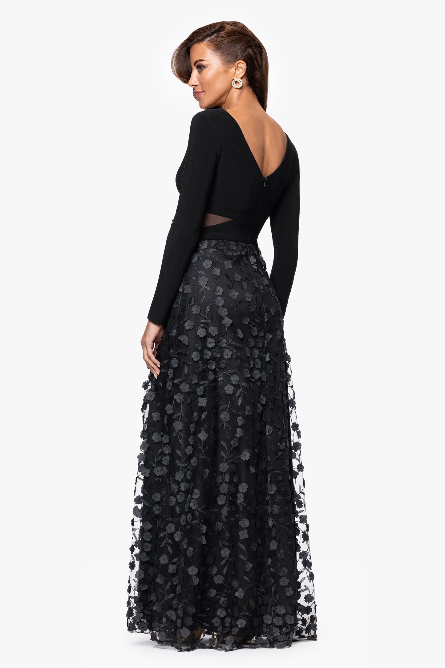 Petite "Aurora" V - Neck Long Sleeve Raised Flower Slit Dress Black XSCAPE
