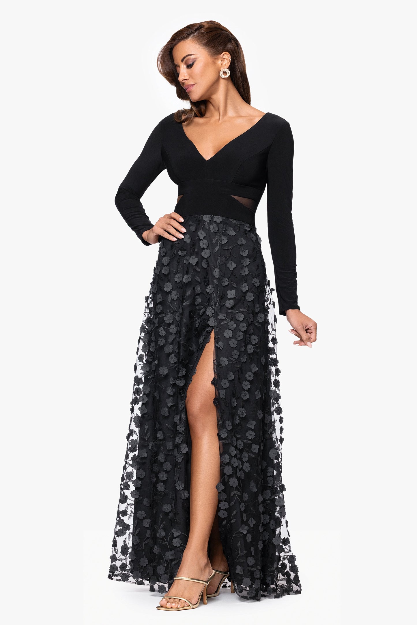 Petite "Aurora" V - Neck Long Sleeve Raised Flower Slit Dress Black XSCAPE
