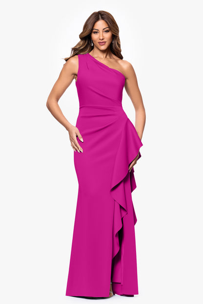 "Flo" Long Techno Scuba One Shoulder Ruffle Dress Orchid XSCAPE