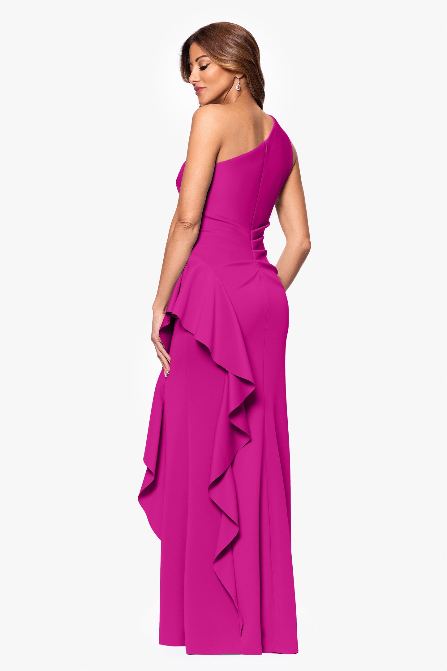 "Flo" Long Techno Scuba One Shoulder Ruffle Dress Orchid XSCAPE