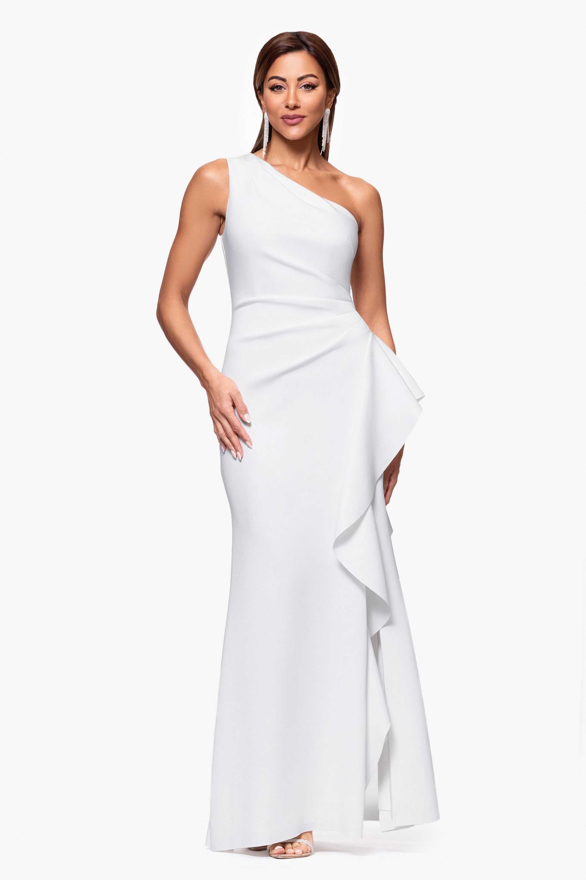 Petite "Flo" Long Techno Scuba One Shoulder Ruffle Dress Ivory XSCAPE