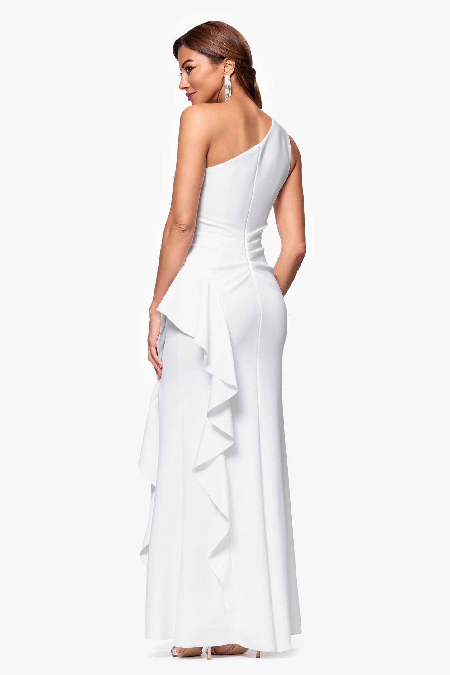Petite "Flo" Long Techno Scuba One Shoulder Ruffle Dress Ivory XSCAPE