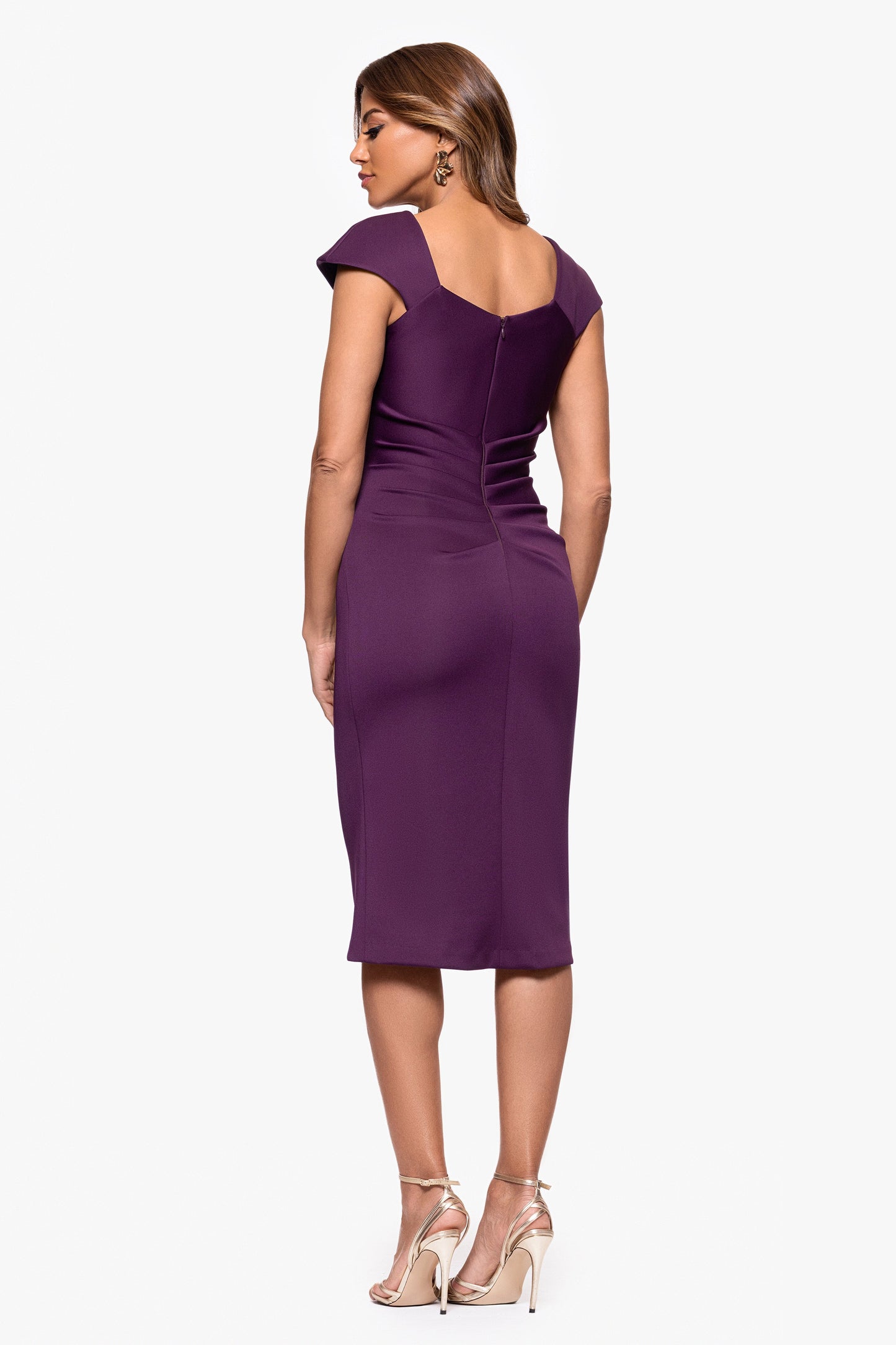 "Lyla" Techno Scuba Asymmetrical Neckline Dress Plum XSCAPE