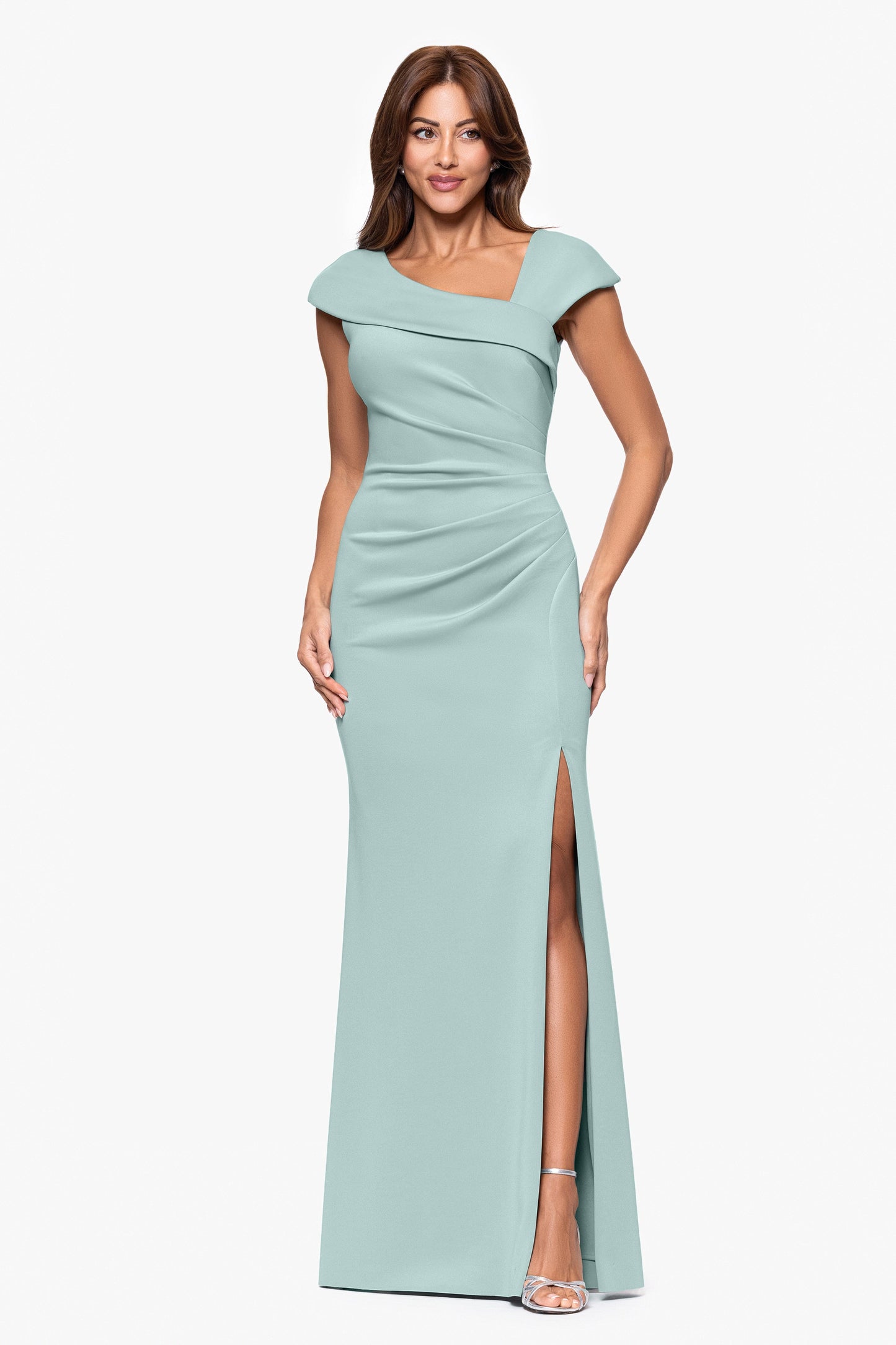 "Lenore" Techno Scuba Asymmetrical Neckline Dress Sage XSCAPE