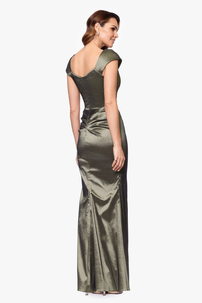 Petite "Paulina" Taffeta Short Sleeve Asymmetric Neckline Dress Olive XSCAPE