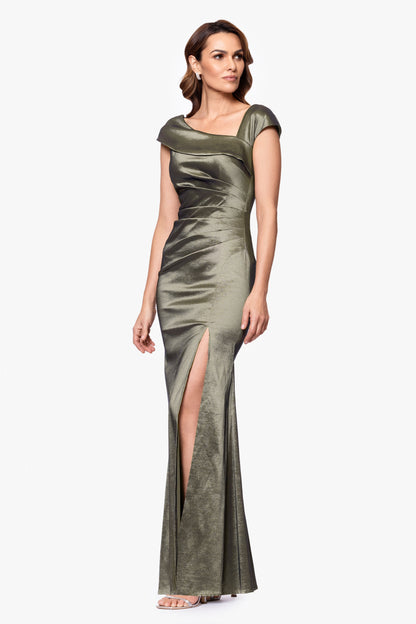 Petite "Paulina" Taffeta Short Sleeve Asymmetric Neckline Dress Olive XSCAPE