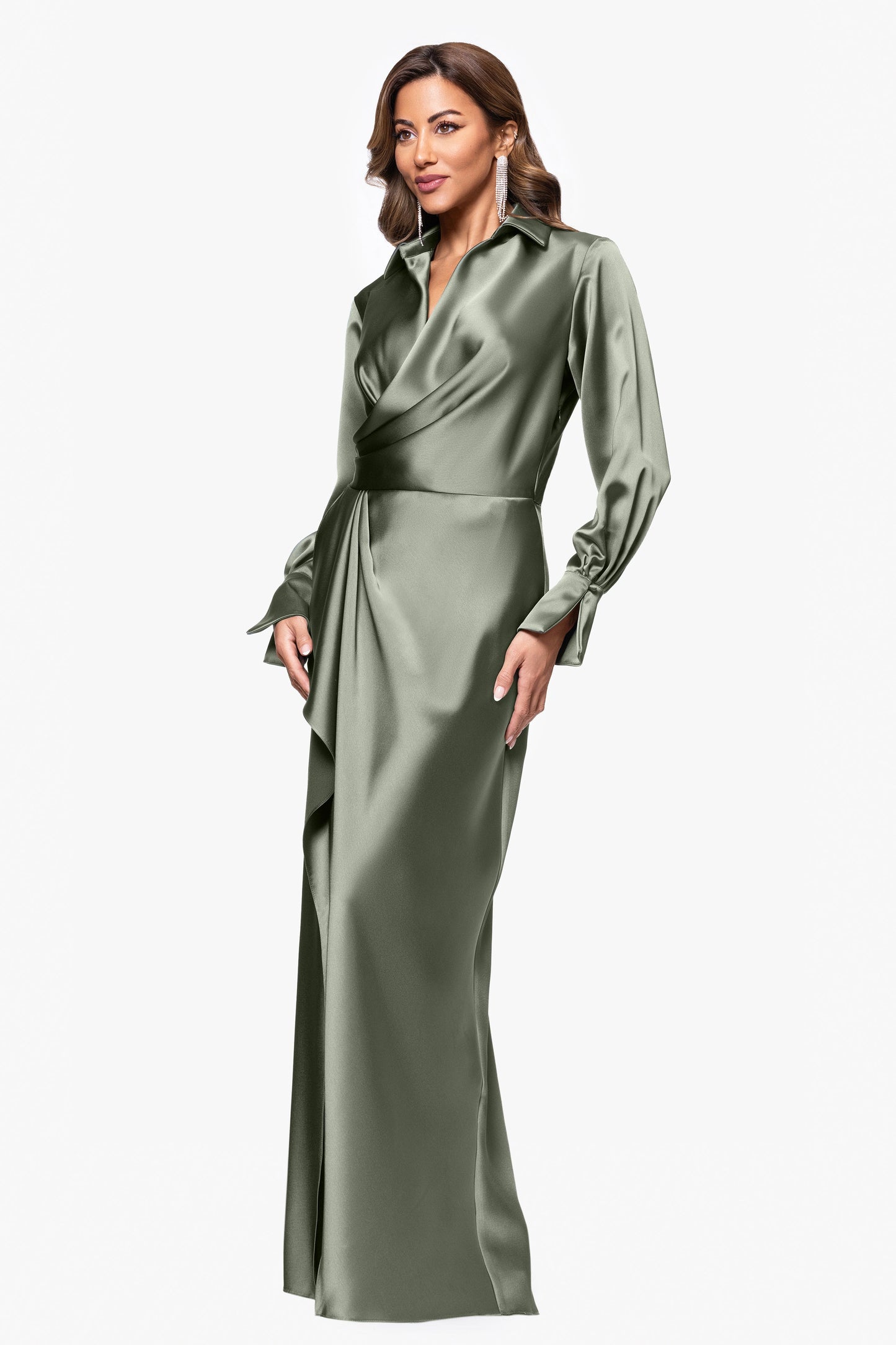 "Emery" Satin Long Sleeve Collared Dress Black XSCAPE
