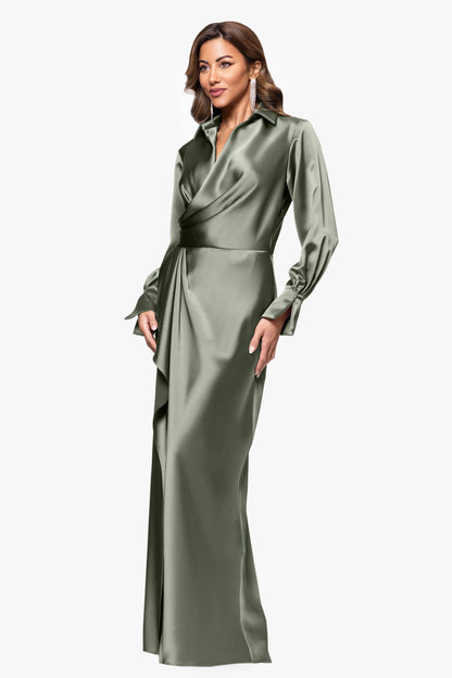 "Emery" Satin Long Sleeve Collared Dress Black XSCAPE