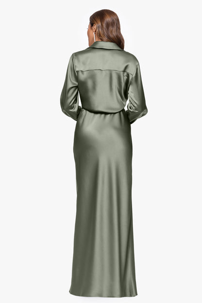 "Emery" Satin Long Sleeve Collared Dress Black XSCAPE