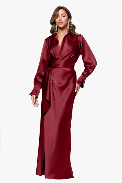 "Emery" Satin Long Sleeve Collared Dress Wine XSCAPE