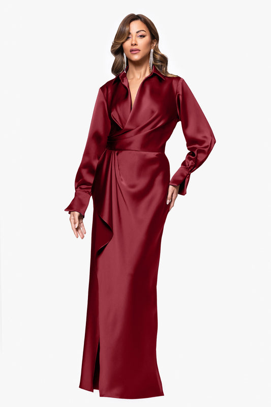 "Emery" Satin Long Sleeve Collared Dress Wine XSCAPE