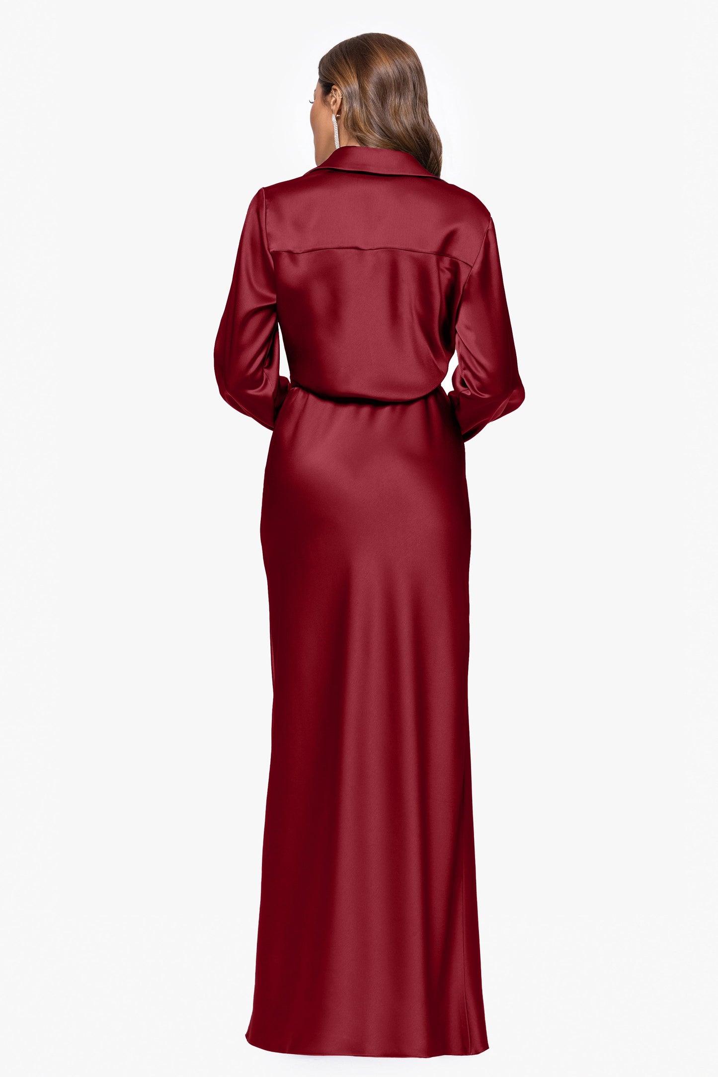 "Emery" Satin Long Sleeve Collared Dress Wine XSCAPE