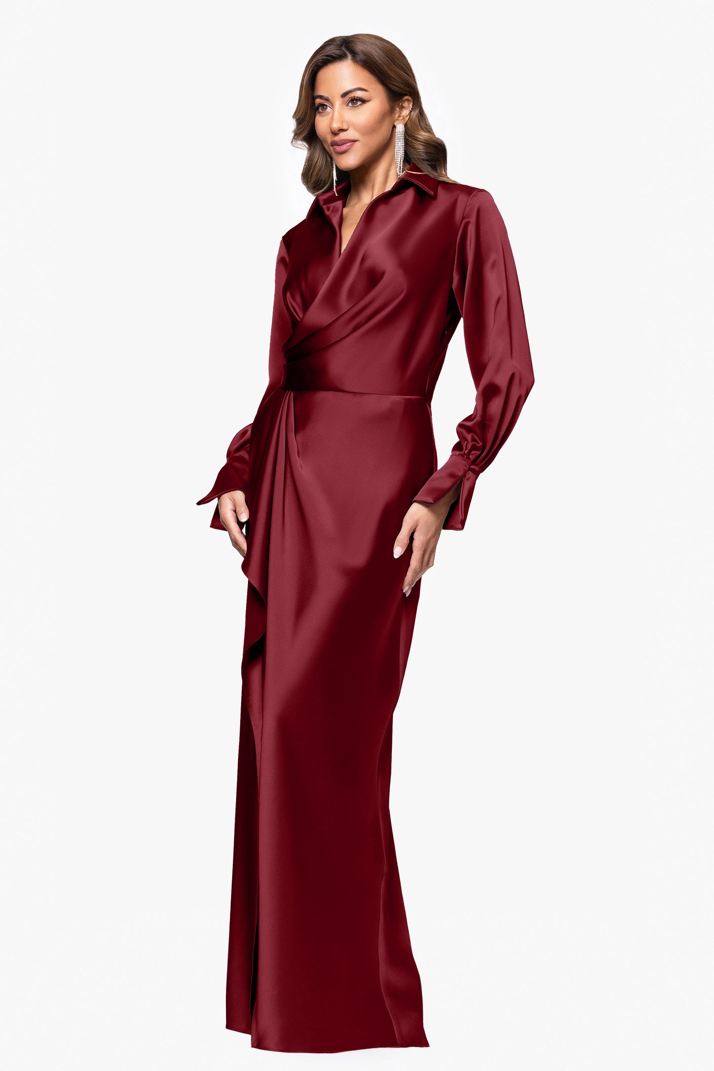 "Emery" Satin Long Sleeve Collared Dress Wine XSCAPE