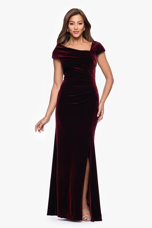 "Katrina" Velvet Asymmetrical Neckline Cap Sleeve Dress Burgundy XSCAPE