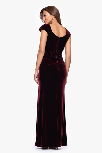 "Katrina" Velvet Asymmetrical Neckline Cap Sleeve Dress Burgundy XSCAPE