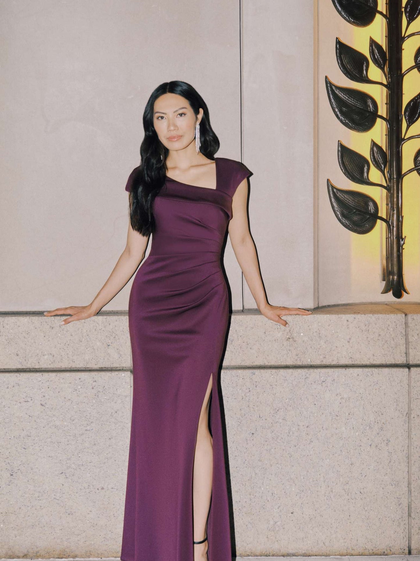 Petite "Lenore" Techno Scuba Asymmetrical Neckline Dress Plum XSCAPE