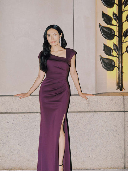 Petite "Lenore" Techno Scuba Asymmetrical Neckline Dress Plum XSCAPE