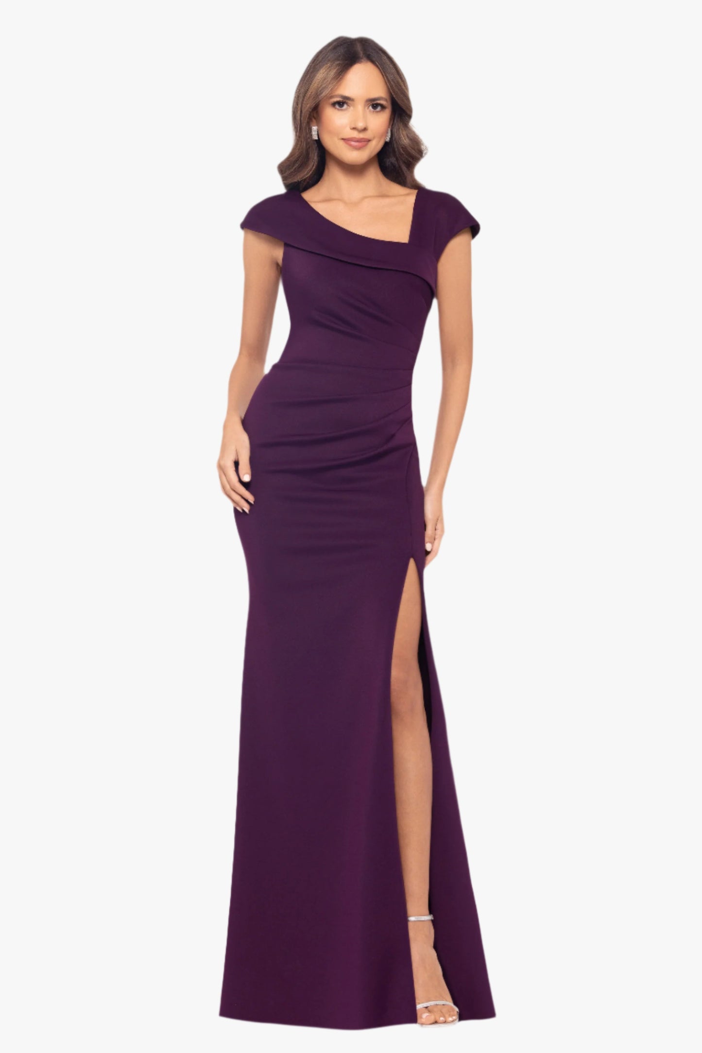 Petite "Lenore" Techno Scuba Asymmetrical Neckline Dress Plum XSCAPE