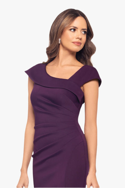 Petite "Lenore" Techno Scuba Asymmetrical Neckline Dress Plum XSCAPE