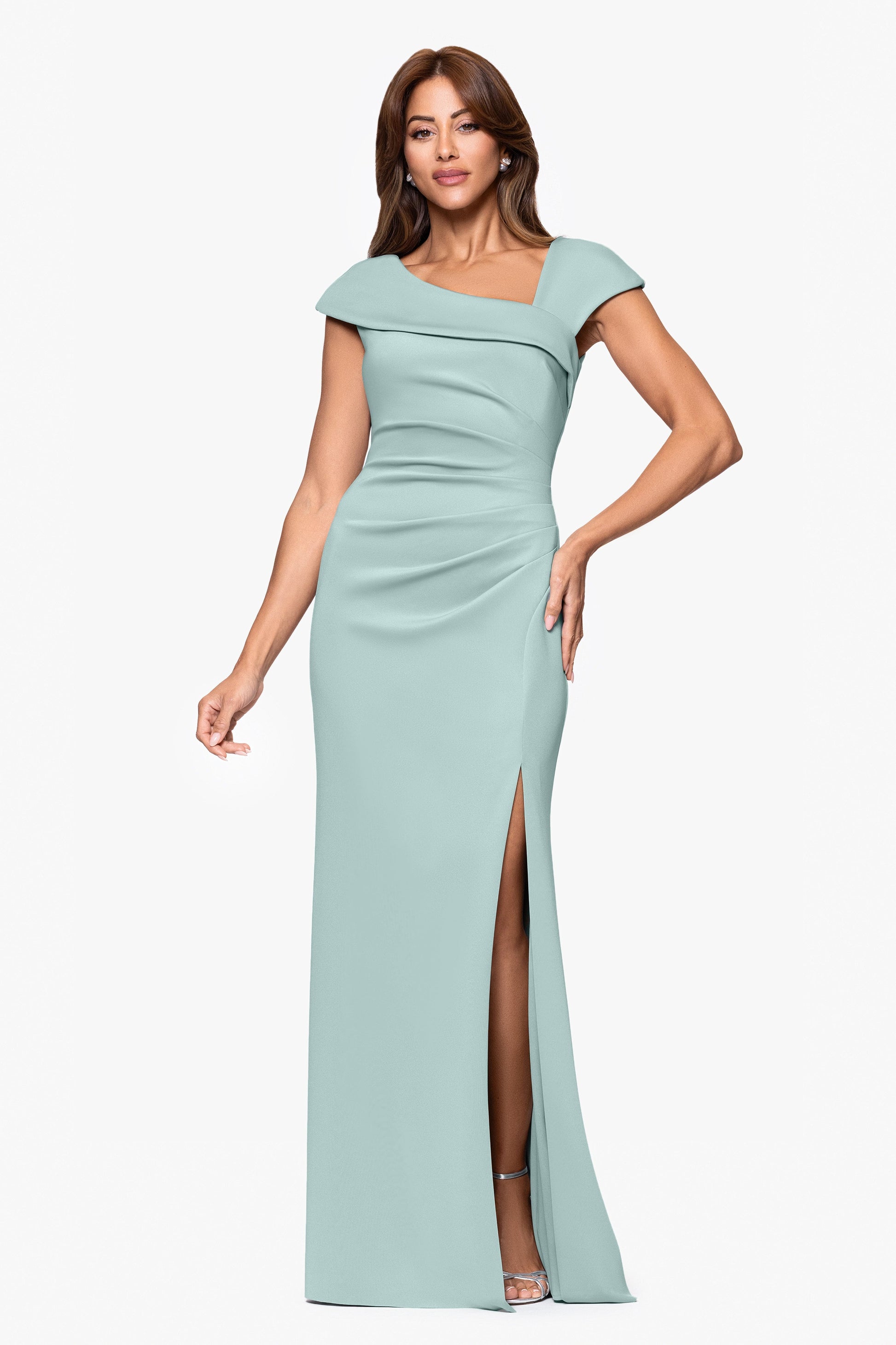 Petite "Lenore" Techno Scuba Asymmetrical Neckline Dress Sage XSCAPE