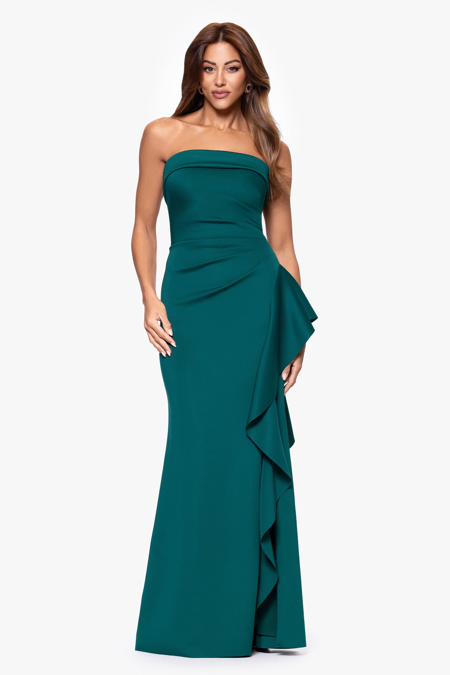 "Jacqueline" Techno Scuba Strapless Ruffle Dress Hunter XSCAPE