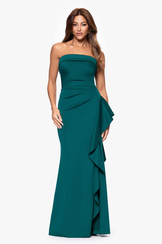"Jacqueline" Techno Scuba Strapless Ruffle Dress Hunter XSCAPE